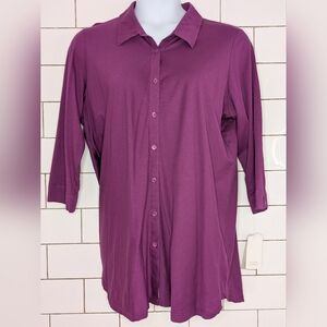 Eileen Fisher Woman 2X 100% Organic Cotton Purple Button Down Shirt Relaxed Fit